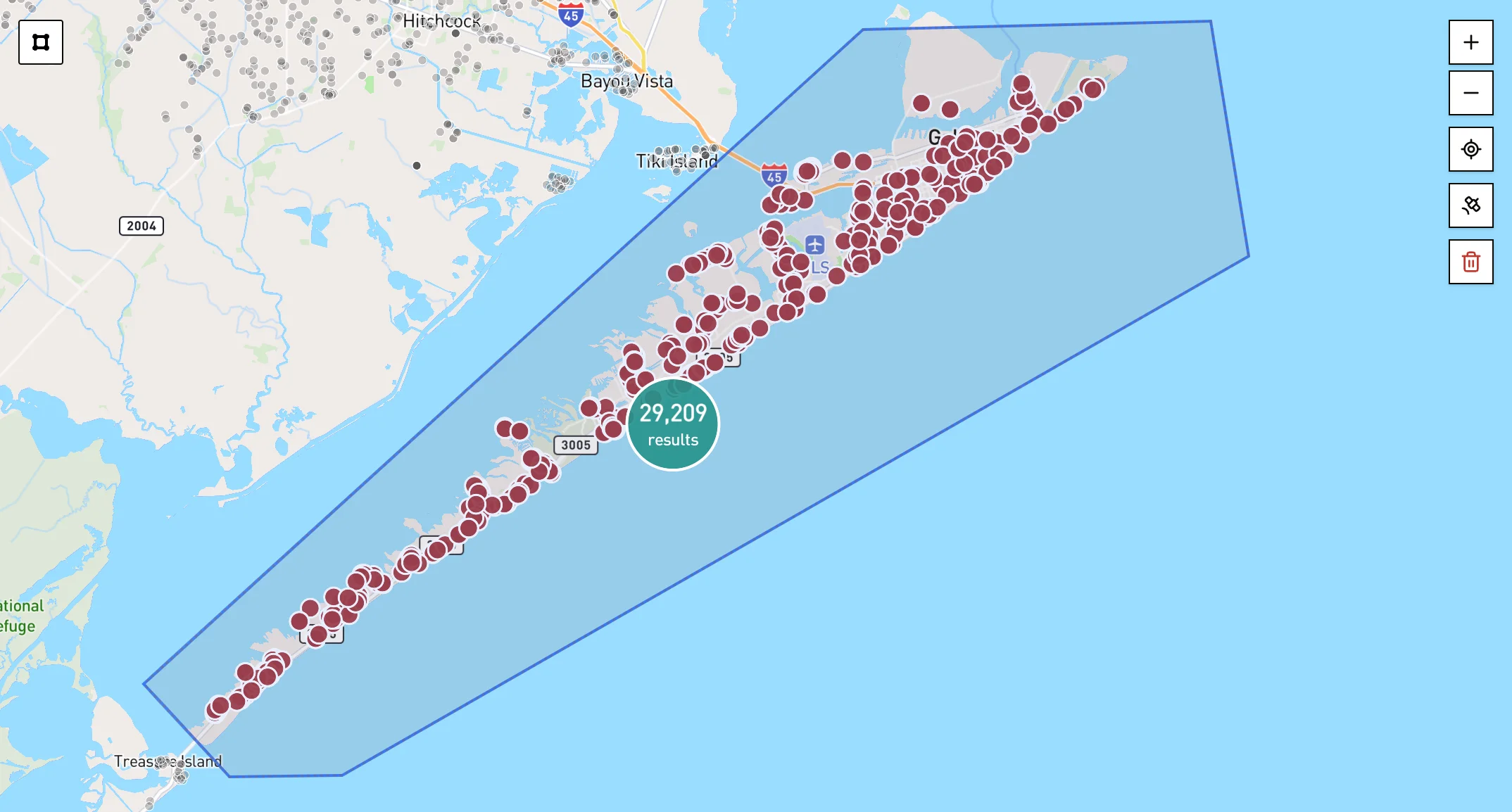 Affix map view with a drawn area selected for a property lead list